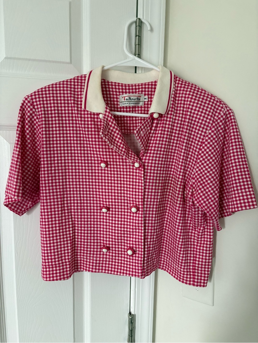 Talbots Red and White Gingham Short-Sleeve Button-Front Top with Cream Collar